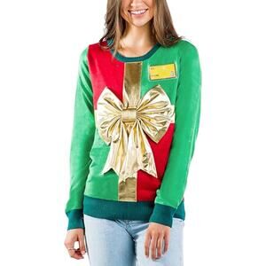 Tipsy Elves Women's Present Ugly Christmas holiday Sweater red green gold Size S